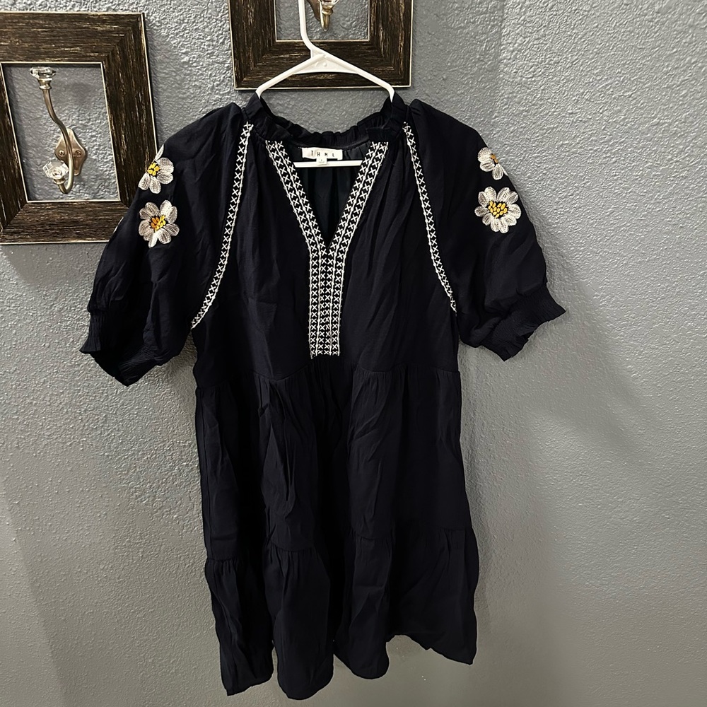Navy Dress with Floral Embroidery